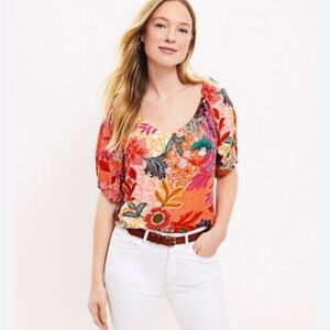 LOFT Women‎ Medium Coral Orange Pink Floral Tropical Vacation Summer Blouse Top